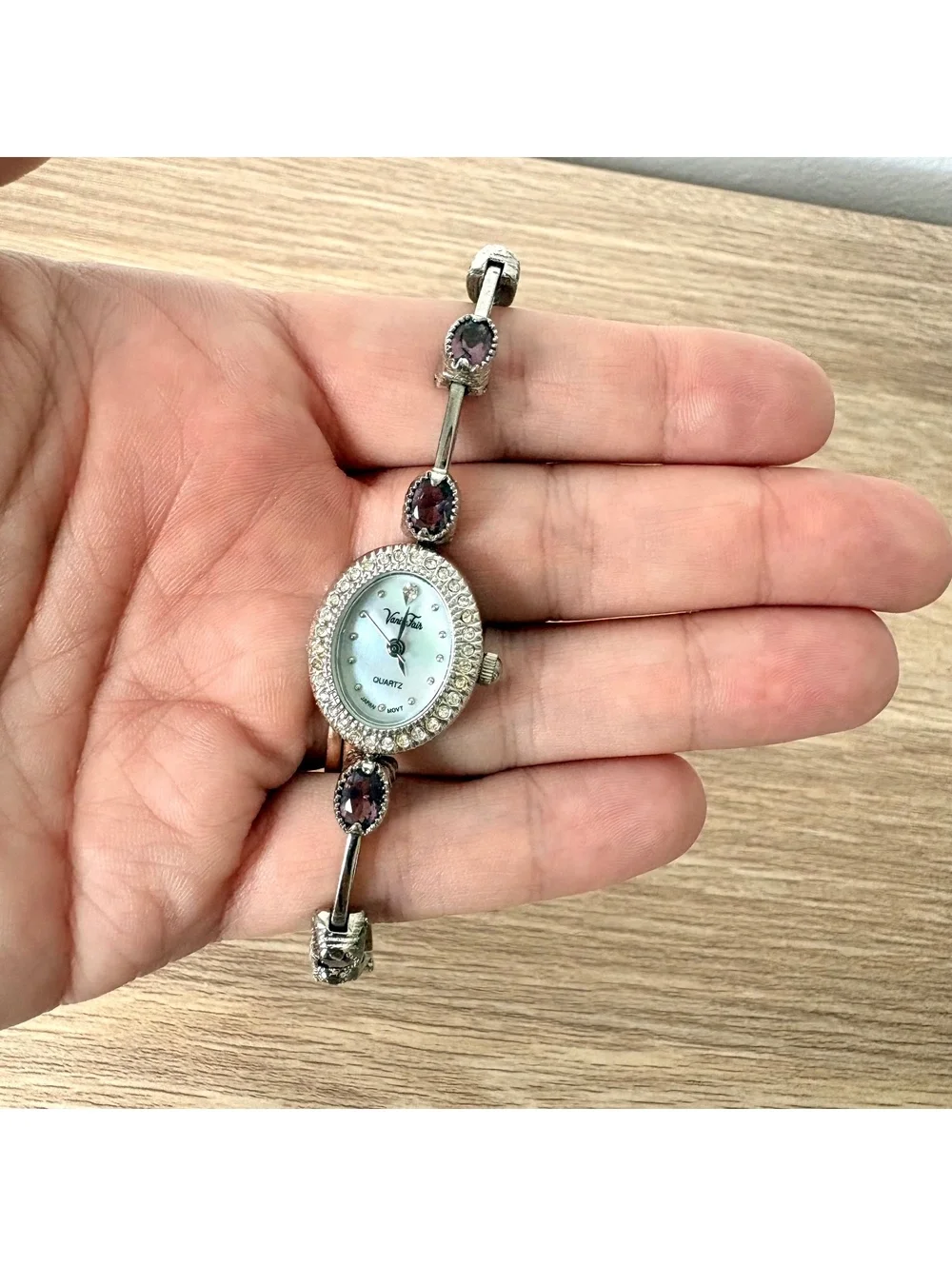 Vanity Fair Women’s Silver Tone Quartz Watch Purple Crystal Rhinestone